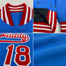 Laden Sie das Bild in den Galerie-Viewer, Custom Powder Blue Red-White Bomber Full-Snap Varsity Letterman Jacket
