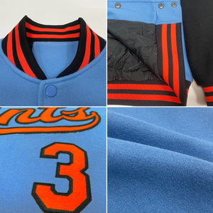 Custom Light Blue Orange-Black Bomber Full-Snap Varsity Letterman Two Tone Jacket