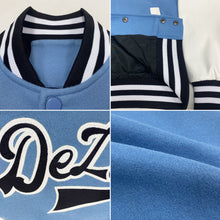 Load image into Gallery viewer, Custom Light Blue Black-White Bomber Full-Snap Varsity Letterman Two Tone Jacket
