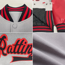 Load image into Gallery viewer, Custom Gray Black-Red Bomber Full-Snap Varsity Letterman Two Tone Jacket
