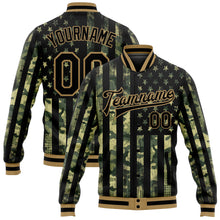 Загрузить изображение в средство просмотра галереи, Custom Camo Black-Old Gold American Flag Fashion 3D Bomber Full-Snap Varsity Letterman Salute To Service Jacket
