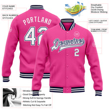 Laden Sie das Bild in den Galerie-Viewer, Custom Pink White-Navy Bomber Full-Snap Varsity Letterman Jacket
