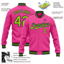 Laden Sie das Bild in den Galerie-Viewer, Custom Pink Neon Green-Navy Bomber Full-Snap Varsity Letterman Jacket
