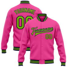 Laden Sie das Bild in den Galerie-Viewer, Custom Pink Neon Green-Navy Bomber Full-Snap Varsity Letterman Jacket

