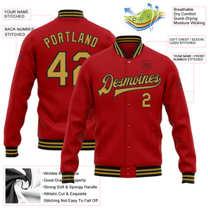 Custom Red Old Gold-Black Bomber Full-Snap Varsity Letterman Jacket