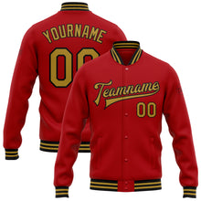 Load image into Gallery viewer, Custom Red Old Gold-Black Bomber Full-Snap Varsity Letterman Jacket
