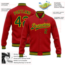 Load image into Gallery viewer, Custom Red Green-Gold Bomber Full-Snap Varsity Letterman Jacket
