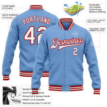 Charger l&#39;image dans la galerie, Custom Light Blue White-Red Bomber Full-Snap Varsity Letterman Jacket
