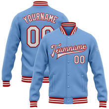 Charger l&#39;image dans la galerie, Custom Light Blue White-Red Bomber Full-Snap Varsity Letterman Jacket
