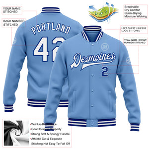 Custom Light Blue White-Royal Bomber Full-Snap Varsity Letterman Jacket