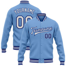 Charger l&#39;image dans la galerie, Custom Light Blue White-Royal Bomber Full-Snap Varsity Letterman Jacket
