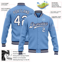 Charger l&#39;image dans la galerie, Custom Light Blue White-Navy Bomber Full-Snap Varsity Letterman Jacket
