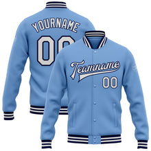 Charger l&#39;image dans la galerie, Custom Light Blue White-Navy Bomber Full-Snap Varsity Letterman Jacket
