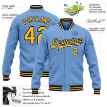 Charger l&#39;image dans la galerie, Custom Light Blue Gold-Navy Bomber Full-Snap Varsity Letterman Jacket
