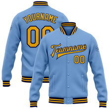 Charger l&#39;image dans la galerie, Custom Light Blue Gold-Navy Bomber Full-Snap Varsity Letterman Jacket
