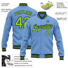 Laden Sie das Bild in den Galerie-Viewer, Custom Light Blue Neon Green-Navy Bomber Full-Snap Varsity Letterman Jacket
