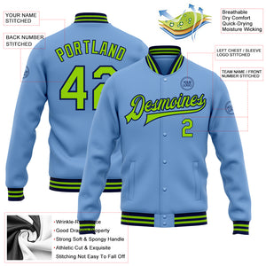 Custom Light Blue Neon Green-Navy Bomber Full-Snap Varsity Letterman Jacket