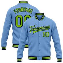 Laden Sie das Bild in den Galerie-Viewer, Custom Light Blue Neon Green-Navy Bomber Full-Snap Varsity Letterman Jacket
