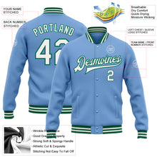 Charger l&#39;image dans la galerie, Custom Light Blue White-Kelly Green Bomber Full-Snap Varsity Letterman Jacket
