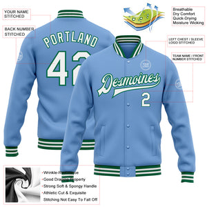 Custom Light Blue White-Kelly Green Bomber Full-Snap Varsity Letterman Jacket