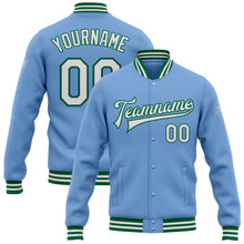 Charger l&#39;image dans la galerie, Custom Light Blue White-Kelly Green Bomber Full-Snap Varsity Letterman Jacket
