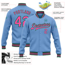 Load image into Gallery viewer, Custom Light Blue Pink-Kelly Green Bomber Full-Snap Varsity Letterman Jacket
