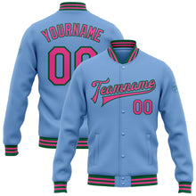 Load image into Gallery viewer, Custom Light Blue Pink-Kelly Green Bomber Full-Snap Varsity Letterman Jacket
