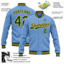 Charger l&#39;image dans la galerie, Custom Light Blue Green-Gold Bomber Full-Snap Varsity Letterman Jacket
