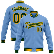 Charger l&#39;image dans la galerie, Custom Light Blue Green-Gold Bomber Full-Snap Varsity Letterman Jacket
