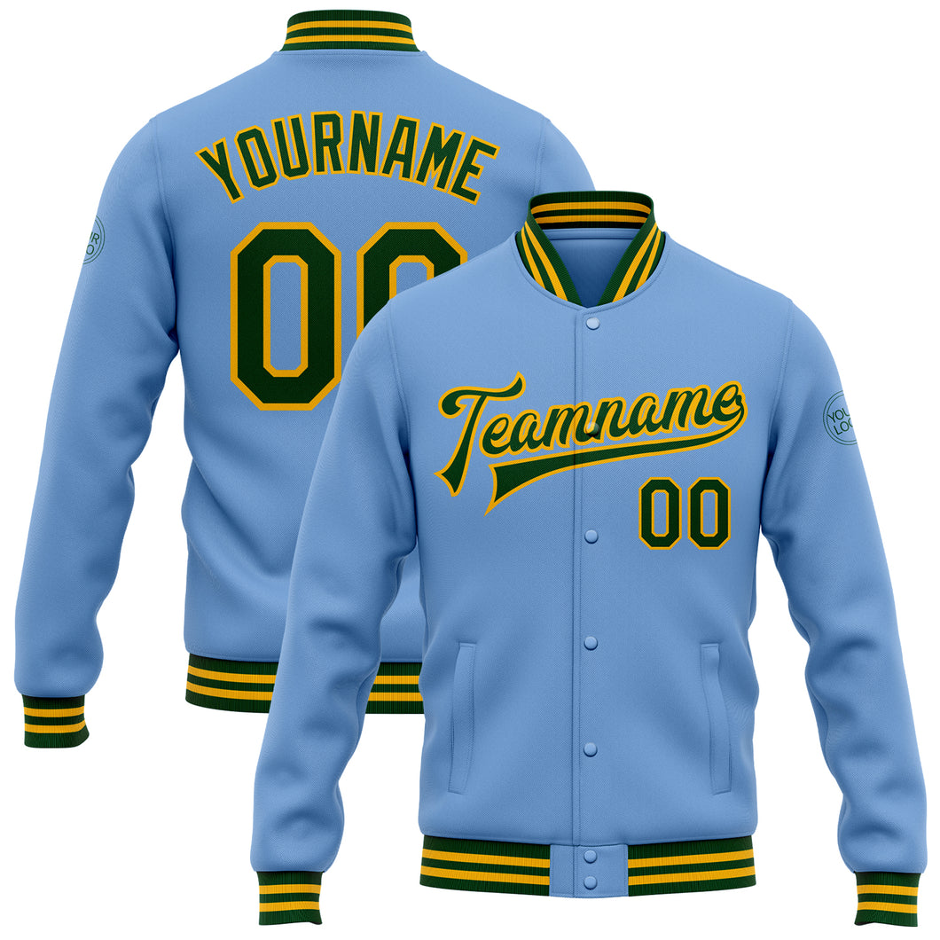 Custom Light Blue Green-Gold Bomber Full-Snap Varsity Letterman Jacket