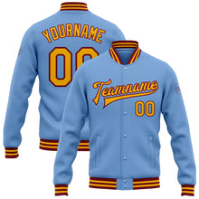 Charger l&#39;image dans la galerie, Custom Light Blue Gold-Crimson Bomber Full-Snap Varsity Letterman Jacket
