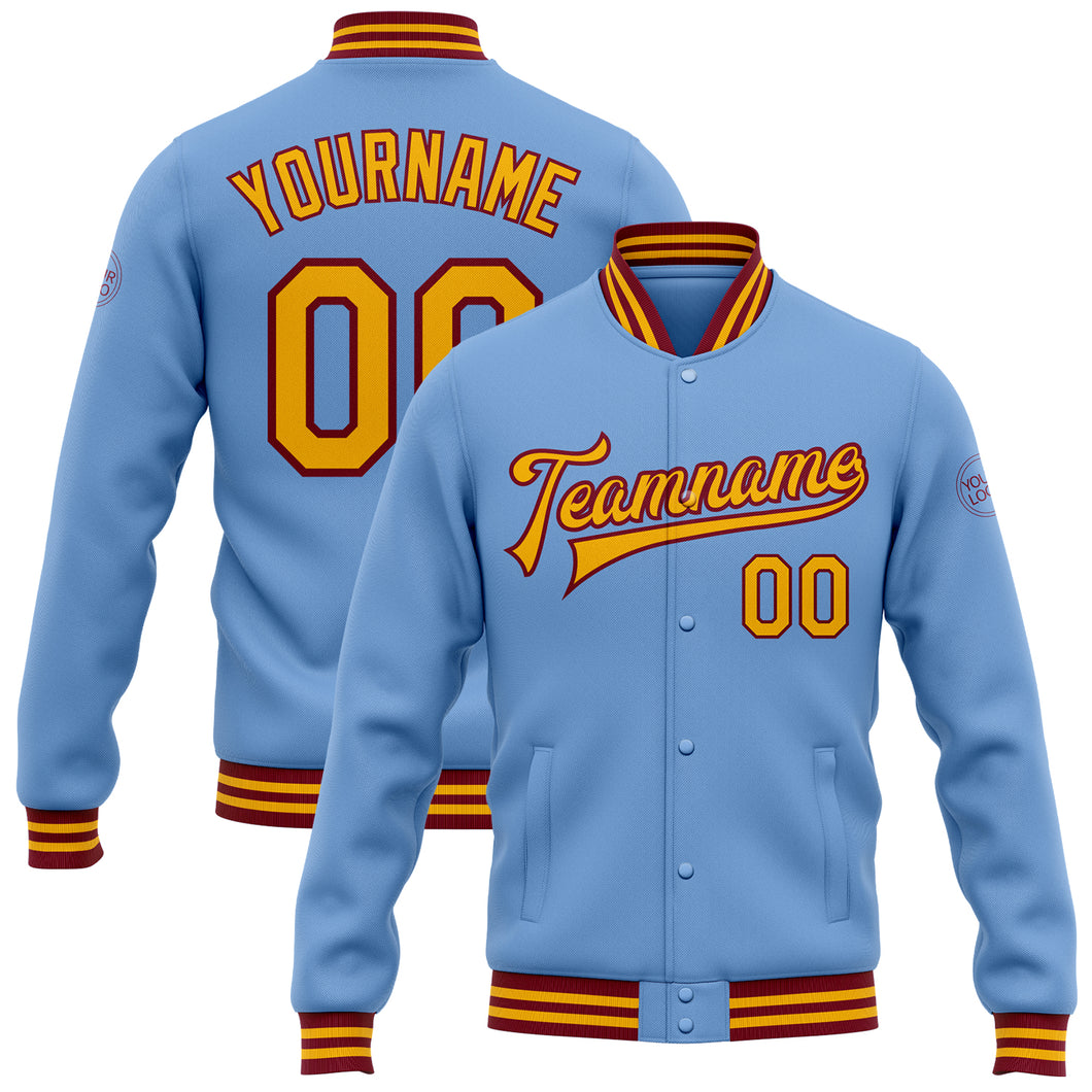 Custom Light Blue Gold-Crimson Bomber Full-Snap Varsity Letterman Jacket