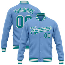 Charger l&#39;image dans la galerie, Custom Light Blue Teal-White Bomber Full-Snap Varsity Letterman Jacket
