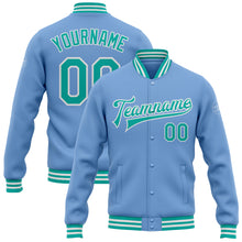 Charger l&#39;image dans la galerie, Custom Light Blue Aqua-White Bomber Full-Snap Varsity Letterman Jacket
