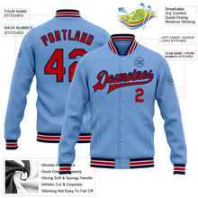 Charger l&#39;image dans la galerie, Custom Light Blue Red-Navy Bomber Full-Snap Varsity Letterman Jacket
