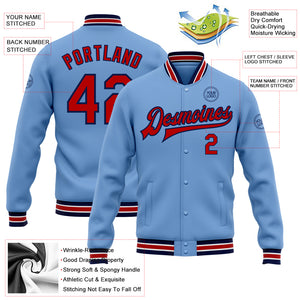 Custom Light Blue Red-Navy Bomber Full-Snap Varsity Letterman Jacket