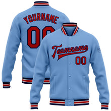 Charger l&#39;image dans la galerie, Custom Light Blue Red-Navy Bomber Full-Snap Varsity Letterman Jacket
