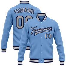 Charger l&#39;image dans la galerie, Custom Light Blue Gray-Navy Bomber Full-Snap Varsity Letterman Jacket
