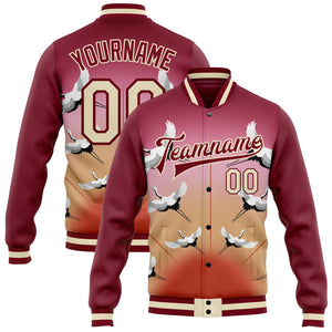 Custom Maroon Cream Heron 3D Pattern Design Bomber Full-Snap Varsity Letterman Jacket