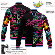 Laden Sie das Bild in den Galerie-Viewer, Custom Black Pink-Light Blue Hawaii Palm Trees 3D Bomber Full-Snap Varsity Letterman Jacket
