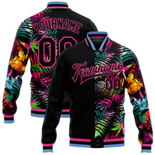 Laden Sie das Bild in den Galerie-Viewer, Custom Black Pink-Light Blue Hawaii Palm Trees 3D Bomber Full-Snap Varsity Letterman Jacket
