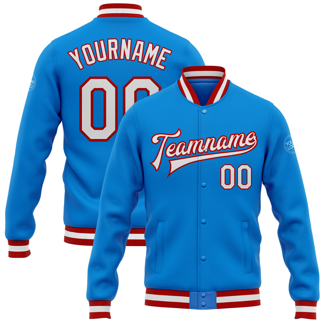 Custom Powder Blue White-Red Bomber Full-Snap Varsity Letterman Jacket