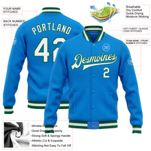 Laden Sie das Bild in den Galerie-Viewer, Custom Powder Blue White-Kelly Green Bomber Full-Snap Varsity Letterman Jacket
