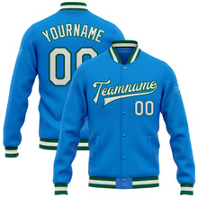 Загрузить изображение в средство просмотра галереи, Custom Powder Blue White-Kelly Green Bomber Full-Snap Varsity Letterman Jacket
