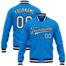 Загрузить изображение в средство просмотра галереи, Custom Powder Blue White-Black Bomber Full-Snap Varsity Letterman Jacket
