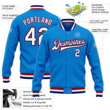 Laden Sie das Bild in den Galerie-Viewer, Custom Powder Blue White Royal-Red Bomber Full-Snap Varsity Letterman Jacket
