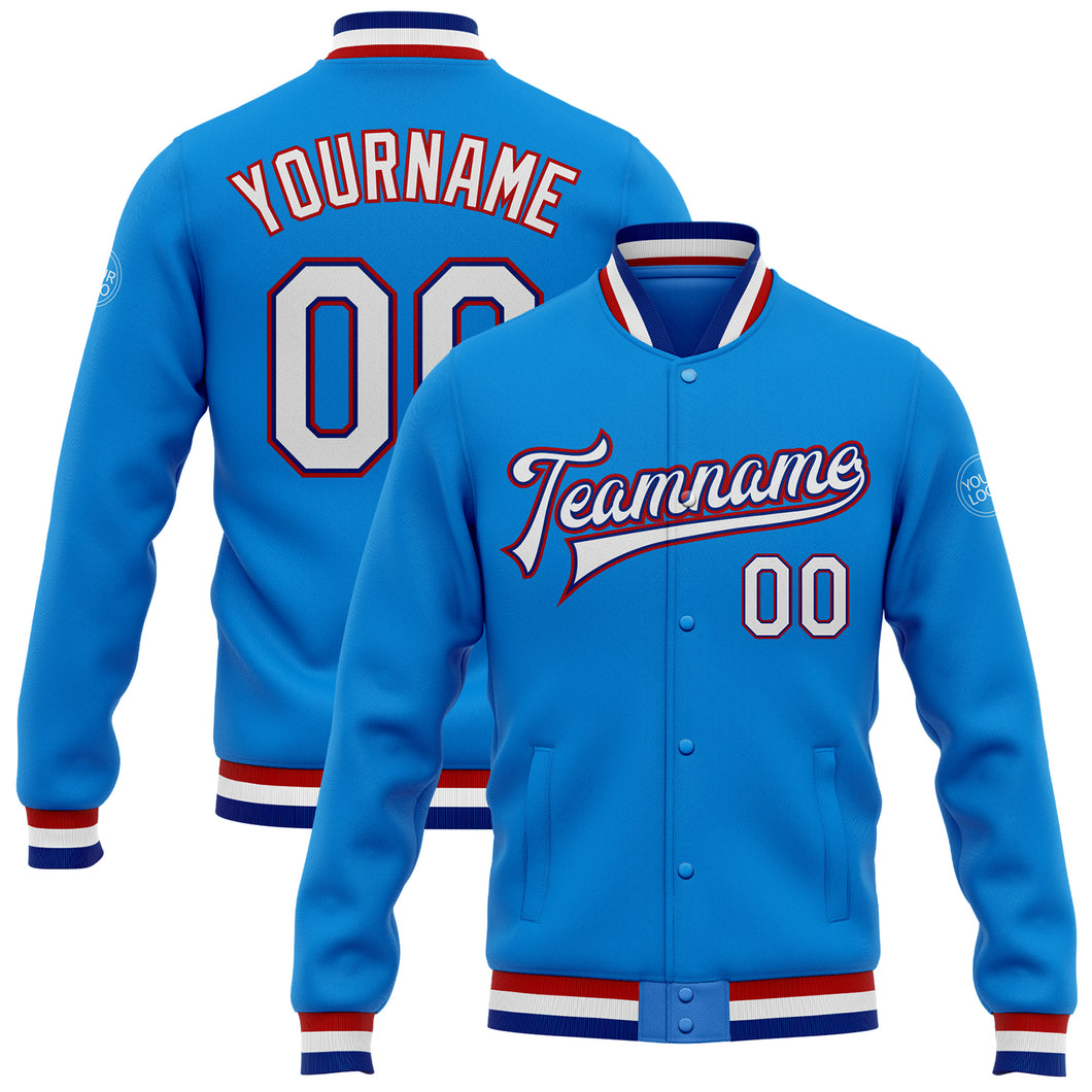 Custom Powder Blue White Royal-Red Bomber Full-Snap Varsity Letterman Jacket