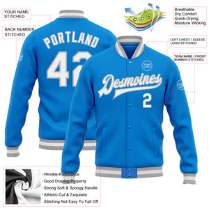 Custom Powder Blue White-Gray Bomber Full-Snap Varsity Letterman Jacket