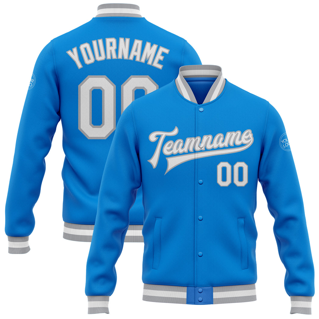 Custom Powder Blue White-Gray Bomber Full-Snap Varsity Letterman Jacket