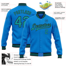 Laden Sie das Bild in den Galerie-Viewer, Custom Powder Blue Teal-Black Bomber Full-Snap Varsity Letterman Jacket
